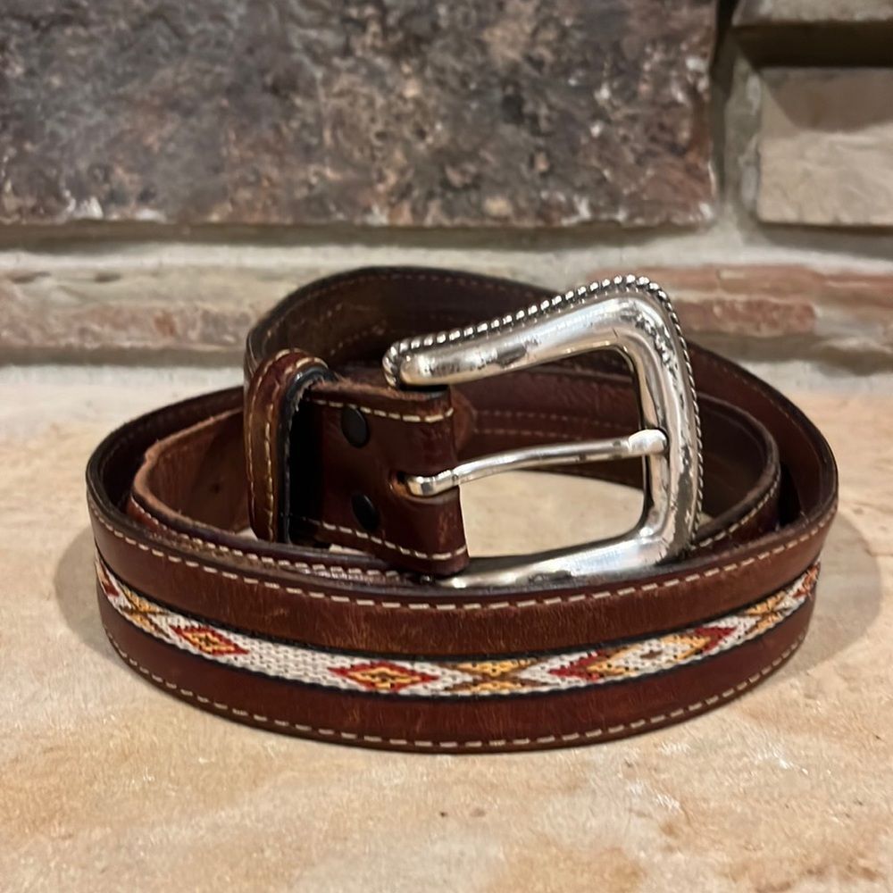 Brown Leather Western Pattern Belt with Silver Tone Buckle